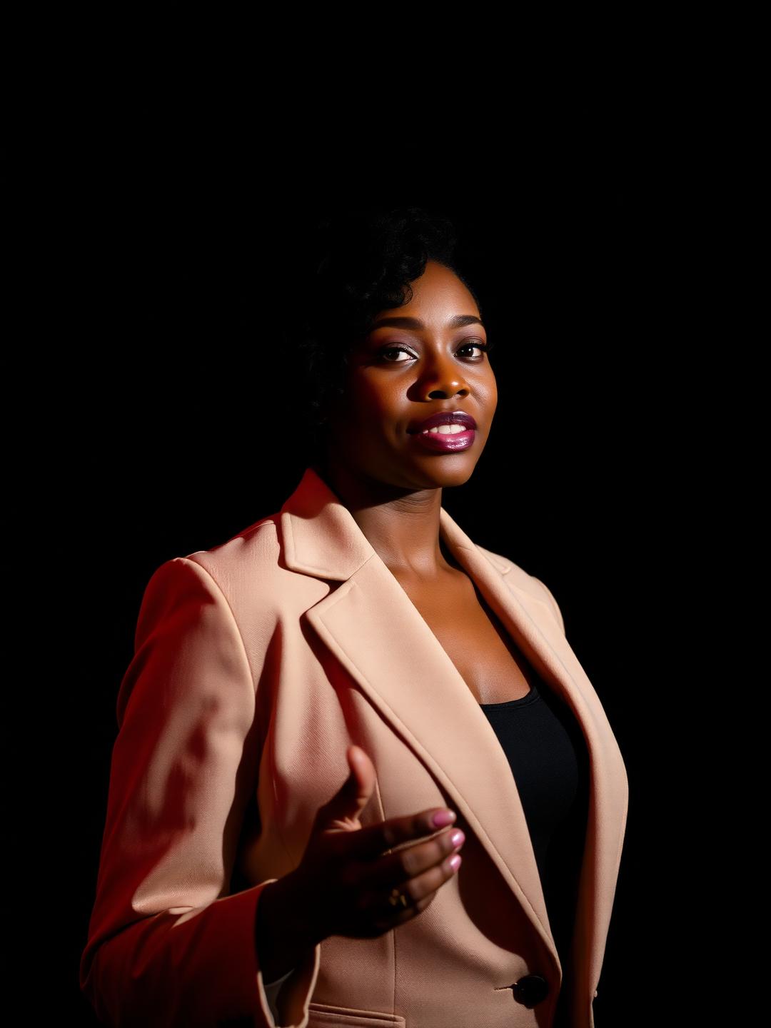 A speaker in warm spotlight against a deep background