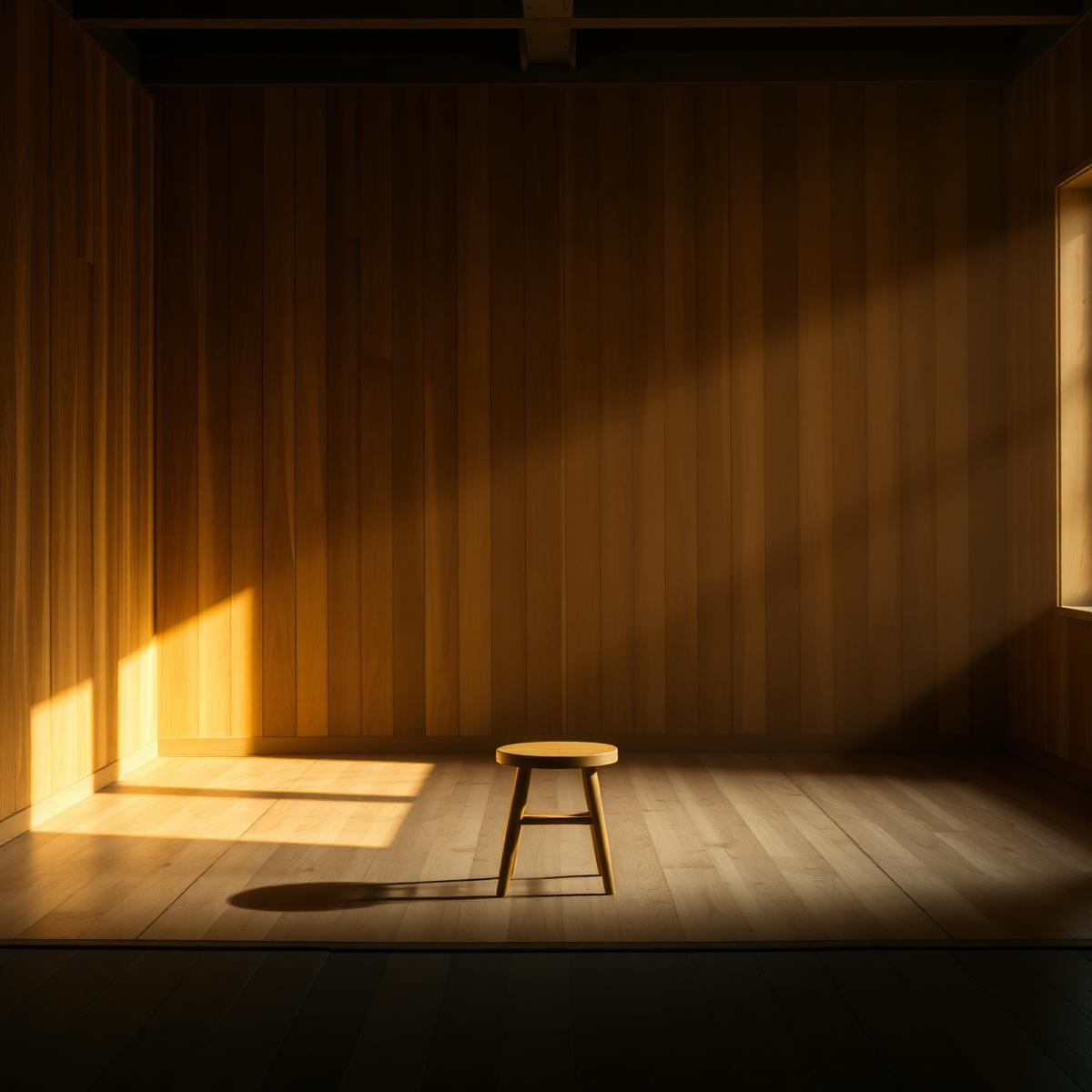 A quiet wooden room lit by warm side light